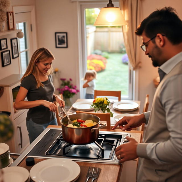 A cozy family scene set in a warm kitchen during the evening