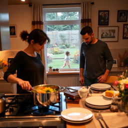 A cozy family scene set in a warm kitchen during the evening