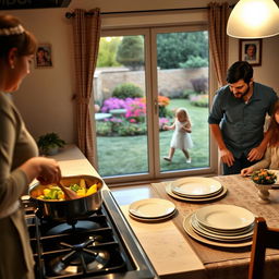 A cozy family scene set in a warm kitchen during the evening