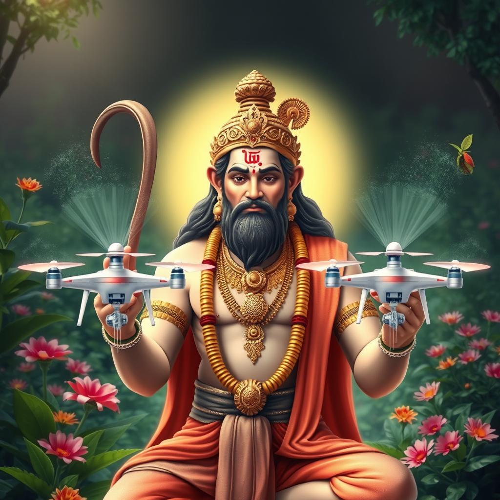 A spiritual depiction of Lord Hanuman, showcasing him with a long tail and a bumpy mouth, embodying strength and divine energy
