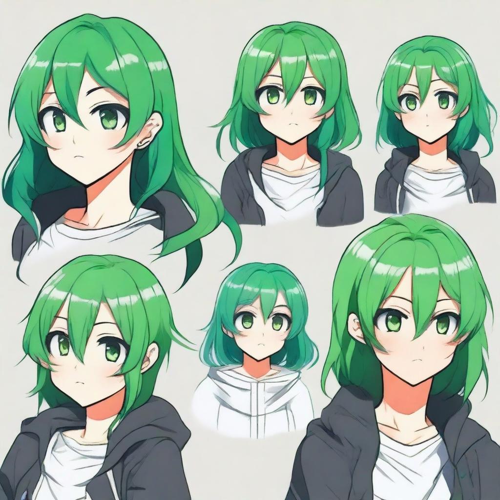 A high-quality, vector-style digital art image featuring an anime character with vibrant green hair