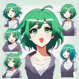 A high-quality, vector-style digital art image featuring an anime character with vibrant green hair