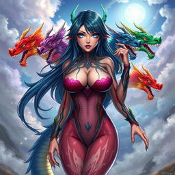 An alluring anime girl inspired by Tiamat from Dungeons & Dragons, depicted with five dragon heads representing her chromatic dragon aspects