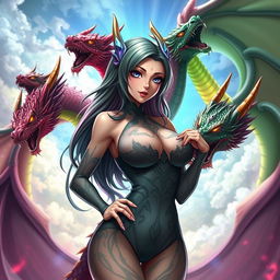 An alluring anime girl inspired by Tiamat from Dungeons & Dragons, depicted with five dragon heads representing her chromatic dragon aspects