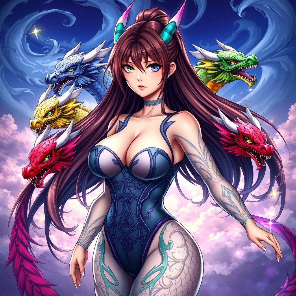 An alluring anime girl inspired by Tiamat from Dungeons & Dragons, depicted with five dragon heads representing her chromatic dragon aspects