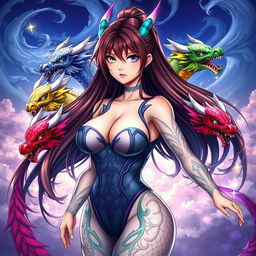 An alluring anime girl inspired by Tiamat from Dungeons & Dragons, depicted with five dragon heads representing her chromatic dragon aspects