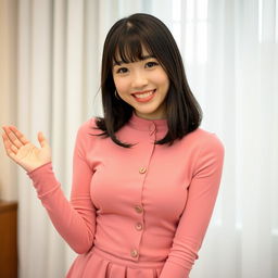 A young, beautiful Korean woman with medium-length, straight black hair and bangs, smiling warmly in a cozy indoor setting