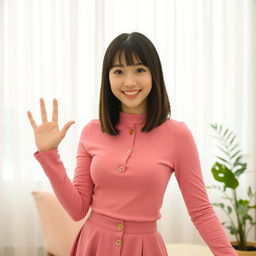 A young, beautiful Korean woman with medium-length, straight black hair and bangs, smiling warmly in a cozy indoor setting