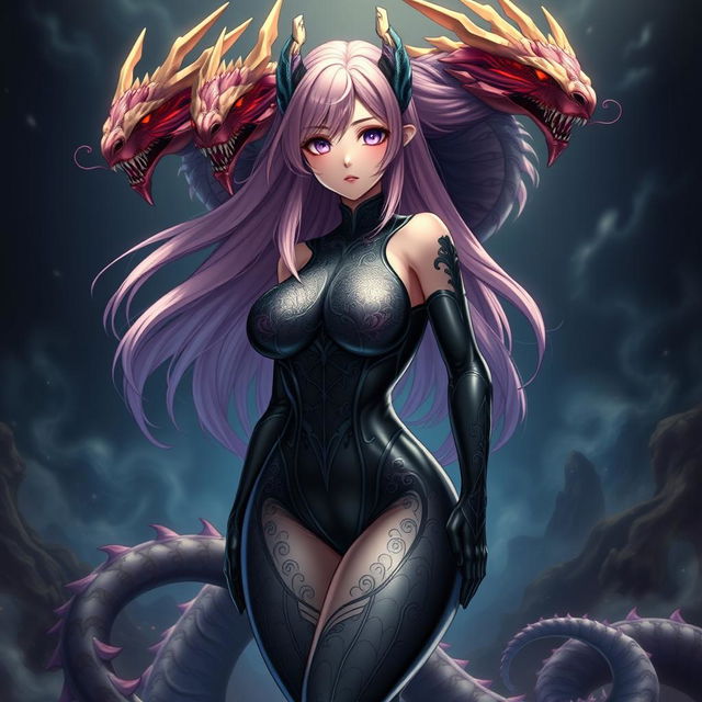 An enchanting anime girl inspired by Tiamat from Dungeons & Dragons, characterized by five dragon heads representing her chromatic dragon aspects