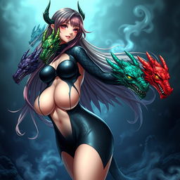 An enchanting anime girl inspired by Tiamat from Dungeons & Dragons, characterized by five dragon heads representing her chromatic dragon aspects