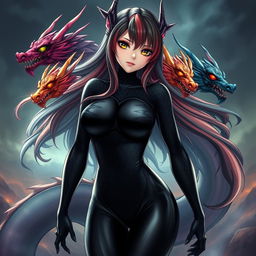 An enchanting anime girl inspired by Tiamat from Dungeons & Dragons, characterized by five dragon heads representing her chromatic dragon aspects