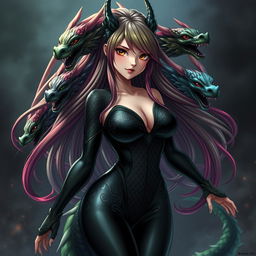 An enchanting anime girl inspired by Tiamat from Dungeons & Dragons, characterized by five dragon heads representing her chromatic dragon aspects