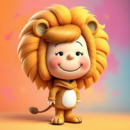 A female cartoon character from Peanuts dressed in a female lion costume featuring a beautiful, fluffy mane