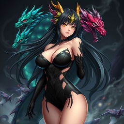 A captivating anime girl inspired by Tiamat from Dungeons & Dragons, designed with five dragon heads symbolizing her chromatic dragon aspects