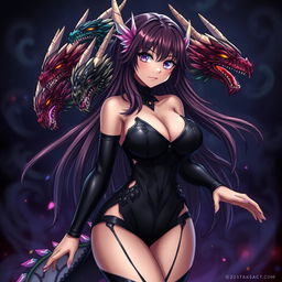 A captivating anime girl inspired by Tiamat from Dungeons & Dragons, designed with five dragon heads symbolizing her chromatic dragon aspects