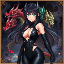 A captivating anime girl inspired by Tiamat from Dungeons & Dragons, designed with five dragon heads symbolizing her chromatic dragon aspects