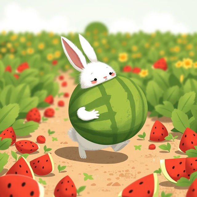 In a bright, sunny watermelon field, a cute little white bunny is struggling adorably to carry a super giant watermelon while walking forward