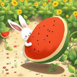 In a bright, sunny watermelon field, a cute little white bunny is struggling adorably to carry a super giant watermelon while walking forward