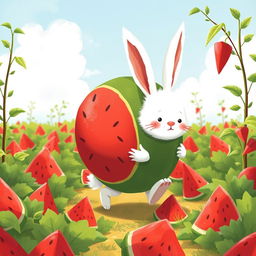 In a bright, sunny watermelon field, a cute little white bunny is struggling adorably to carry a super giant watermelon while walking forward