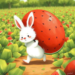 In a bright, sunny watermelon field, a cute little white bunny is struggling adorably to carry a super giant watermelon while walking forward