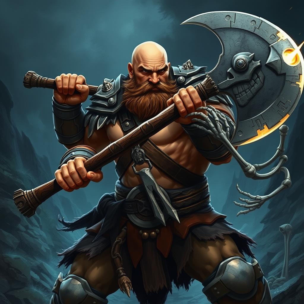 A muscular bald barbarian paladin with a short brown mustache, wielding a large battle axe, fiercely engaging in combat with a menacing skeleton