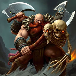 A muscular bald barbarian paladin with a short brown mustache, wielding a large battle axe, fiercely engaging in combat with a menacing skeleton