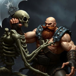 A muscular bald barbarian paladin with a short brown mustache, wielding a large battle axe, fiercely engaging in combat with a menacing skeleton