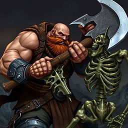 A muscular bald barbarian paladin with a short brown mustache, wielding a large battle axe, fiercely engaging in combat with a menacing skeleton