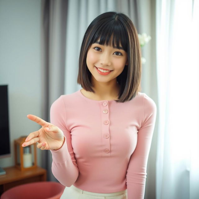 A young, cute Japanese woman with medium-length, straight black hair and bangs, smiling warmly in a cozy indoor setting