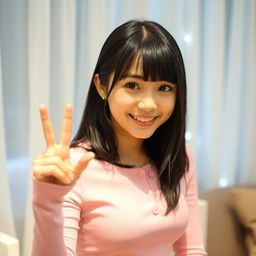 A young, cute Japanese woman with medium-length, straight black hair and bangs, smiling warmly in a cozy indoor setting