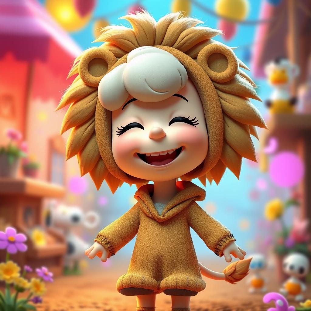 A female cartoon character from Peanuts dressed in a female lion costume complete with a fluffy mane