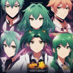 A high-quality, digital art movie poster featuring an anime character with vibrant green hair in five different expressions