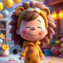 A female cartoon character from Peanuts dressed in a female lion costume complete with a fluffy mane
