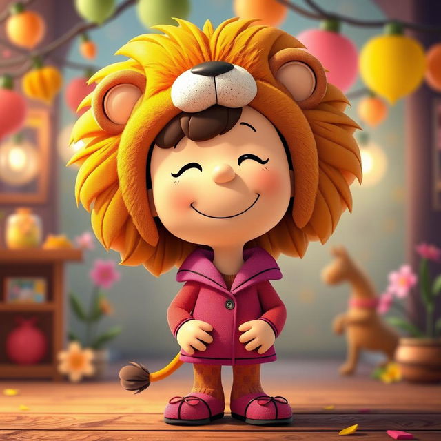 A female cartoon character from Peanuts dressed in a female lion costume complete with a fluffy mane