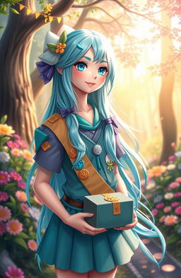 A vibrant, fantasy-inspired scene featuring a girl dressed as a girl scout, with aquamarine-themed attire