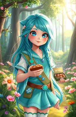 A vibrant, fantasy-inspired scene featuring a girl dressed as a girl scout, with aquamarine-themed attire
