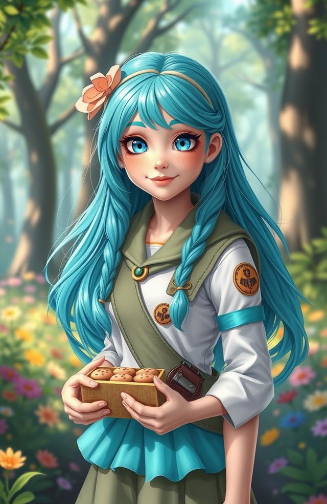 A vibrant, fantasy-inspired scene featuring a girl dressed as a girl scout, with aquamarine-themed attire