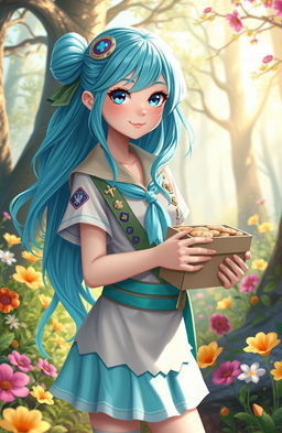 A vibrant, fantasy-inspired scene featuring a girl dressed as a girl scout, with aquamarine-themed attire