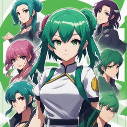 A high-quality, digital art movie poster featuring an anime character with vibrant green hair in five different expressions