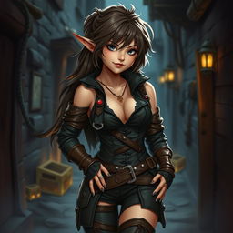 A seductive female halfling rogue inspired by Dungeons & Dragons, showcasing her playful yet cunning personality