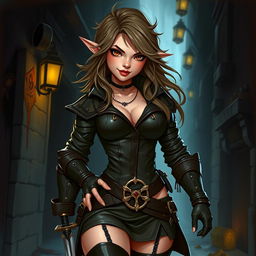 A seductive female halfling rogue inspired by Dungeons & Dragons, showcasing her playful yet cunning personality