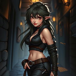 A seductive female halfling rogue inspired by Dungeons & Dragons, showcasing her playful yet cunning personality