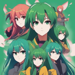 A high-quality, digital art movie poster featuring an anime character with vibrant green hair in five different expressions