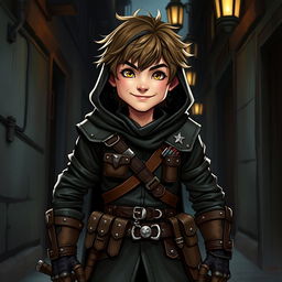 A charming male halfling rogue inspired by Dungeons & Dragons, depicted with a mischievous grin and a confident posture