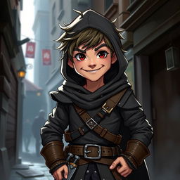 A charming male halfling rogue inspired by Dungeons & Dragons, depicted with a mischievous grin and a confident posture