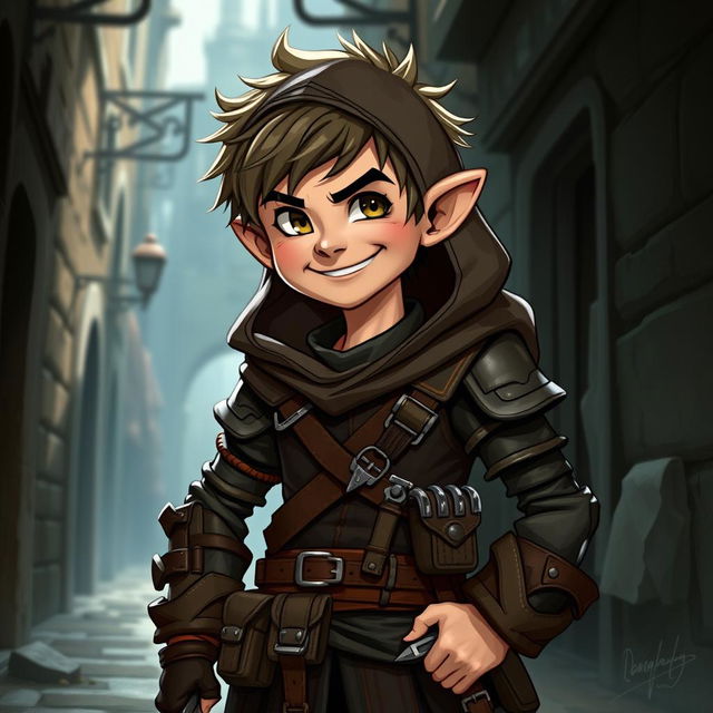 A charming male halfling rogue inspired by Dungeons & Dragons, depicted with a mischievous grin and a confident posture