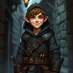 A charming male halfling rogue inspired by Dungeons & Dragons, depicted with a mischievous grin and a confident posture