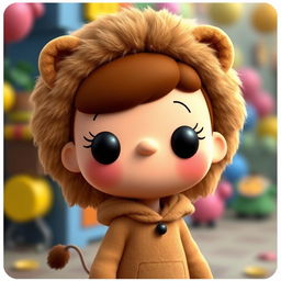 A female cartoon character from Peanuts dressed in a lion costume complete with a fluffy mane and ears