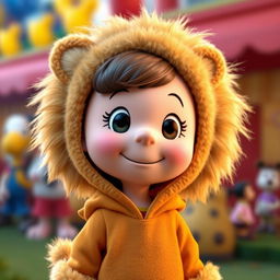 A female cartoon character from Peanuts dressed in a lion costume complete with a fluffy mane and ears