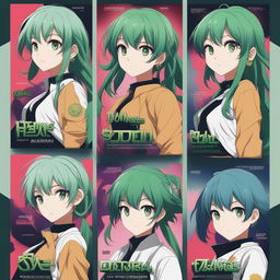 A high-quality, digital art movie poster featuring an anime character with vibrant green hair in five different expressions